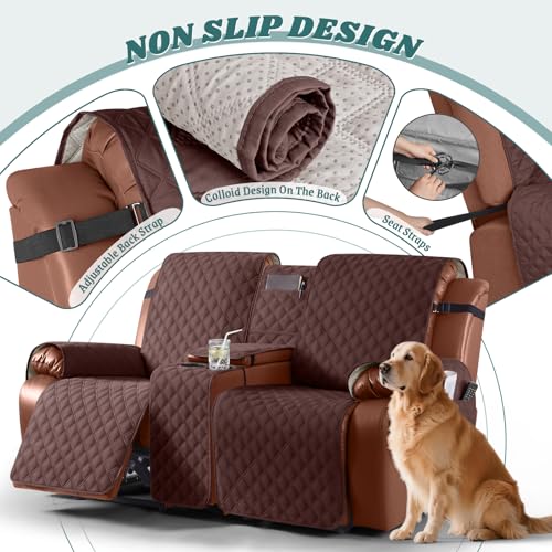 Image of Ruaozz Waterproof Loveseat Recliner Cover with Console Non-Slip Reclining Couch Covers Split Sofa Slipcovers with Elastic Straps Furniture Protector for Kids, Dogs, Pets (Coffee, 2 Seater)