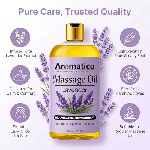 Image of AROMATICO Lavender Relaxing Massage Oil - Body Massage Oil with Almond, Jojoba & Sesame for Stress Relief, Better Sleep & Full Body Care | 300ml