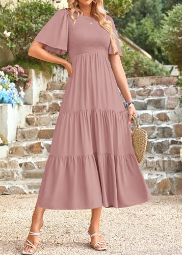 Image of KIRUNDO Summer Dresses for Women 2026 Spring Casual Flutter Short Sleeve Wedding Guest Smocked Flowy Tiered Aline Midi Dress