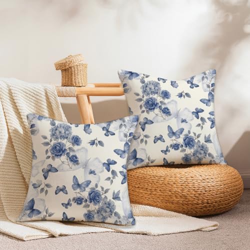 Image of Jaipur Weaves Cushion Cover 16 Inch X 16 Inch - Set of 2, Butterfly Print 180 GSM Decorative Soft Cushion Covers for Sofa /Bed /Chair, Gift for Home Decor (Blue Butterfly, 2)