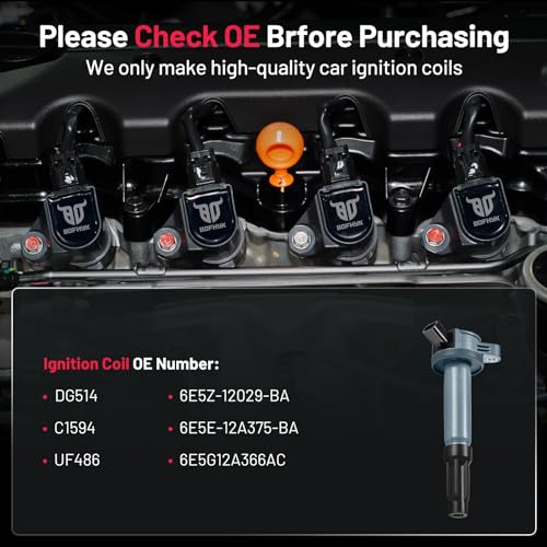 Image of BDFHYK Ignition Coil Pack UF486 Compatible with Ford Escape 2008-2012 Fusion 2006-2012 Mercury Milan 2006-2011 Mariner 2009-2011 Lincoln Zephyr 2006 Ford Oem Coil Pack Coil for DG514 3.0L V6 Set of 6
