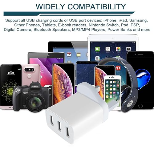 3 Pack Uk Plug Usb Wall Charger With 3 Ports, Multi Device Fast Charging Adapter For Home Office Travel, Safe Power Plug For Iphone Android Tablet Earbuds - 7