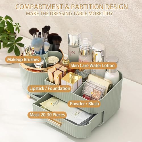 Image of SIBY ABS Plastic Cosmetic Storage Box for Women's | 360 Rotating Makeup Brush Holder for Dressing Table | Vanity Makeup Organizer Box with Transparent Cap and Drawer (Light Green)