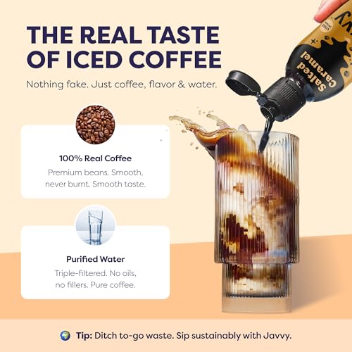 Image of Javvy Cold Brew Coffee Concentrate Instant Coffee, Salted Caramel | 100% Real Coffee, 0g Sugar, No Artificial Flavors, 60-80mg Caffeine per Serving, Gluten Free, Makes Hot or Iced Coffee