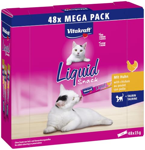 Vitakraft Liquid Snack para Gatos, golosinas para Gatos en Paquete Mega (48 x 15 g), Textura cremosa, con Pollo, 1 Paquete de Reserva