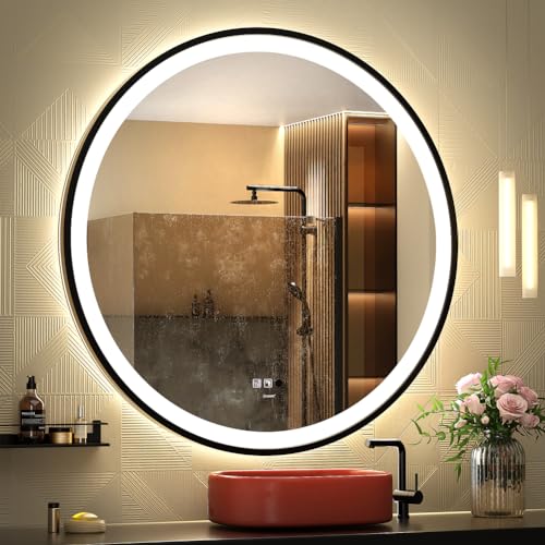 GANPE Specchio con sensore a LED, rotondo, a induzione del corpo umano, illuminato, dimmerabile,...