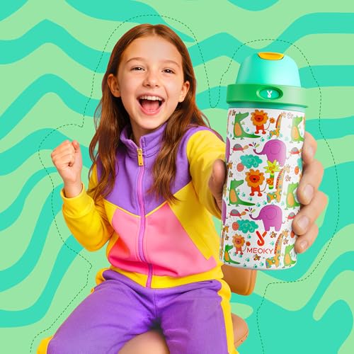 Image of 18 oz Kids Water Bottle for School: Meoky 18 oz Stainless Steel Insulated Water Bottle with 2-in-1 Straw and Spout Lid - Leak Proof, Fits in Car Cup Holder, BPA-Free for Teens Boys Girls, Wild Animals