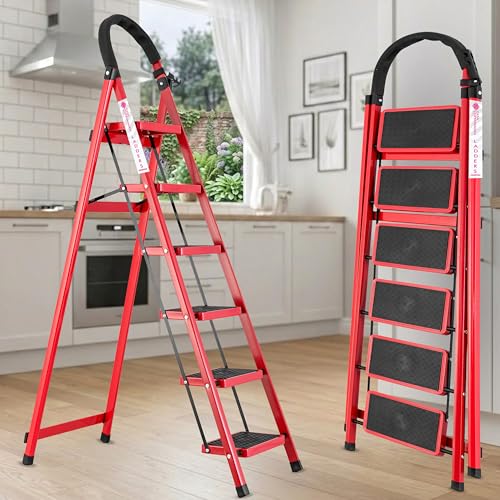 Image of Casa Copenhagen Red 6 Step Ladder for Home Use with Built-in Tool Tray | Heavy Duty D Shape Rods | Ultra Large Platform | Wide Rubber Feet | 150Kg Capacity Foldable Ladder - 7 Years Warranty