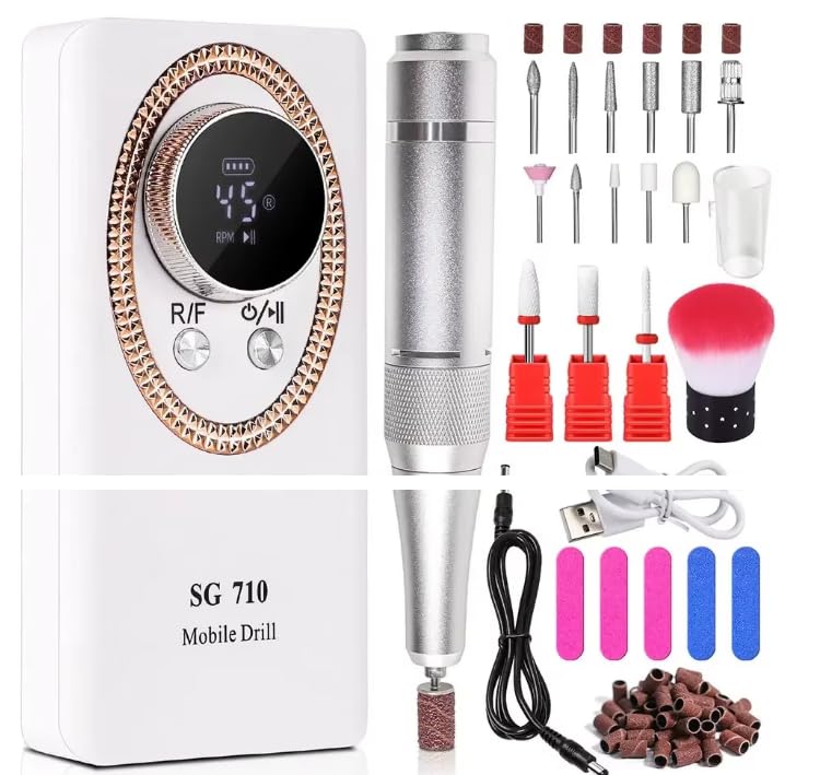 Máquina de taladro de uñas recargable de 45000 RPM con pantalla LCD, lima de uñas eléctrica portátil para acrílico