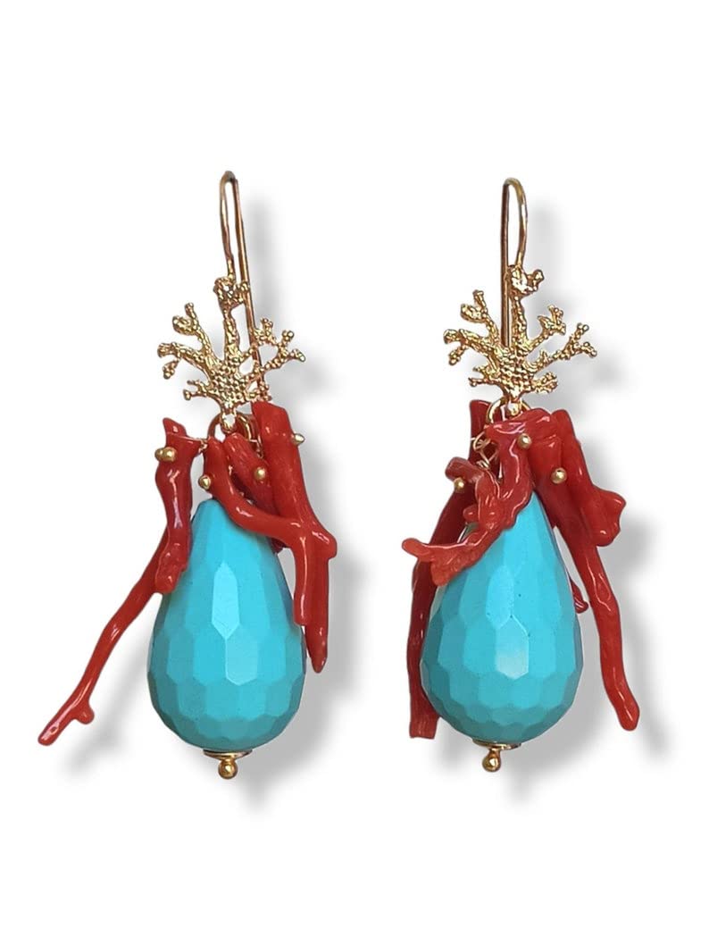 Orecchini a Goccia in Argento 925 con Pasta di Turchese e Corallo Rosso