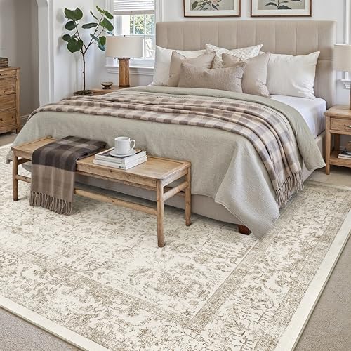 Light Brown Area Rug 10x12 Machine Washable Large Vintage Living Room Distressed Non Slip Carpet Traditional Indoor Bedroom Retro Floral Accent Throw Rug for Office Kitchen Dining Room