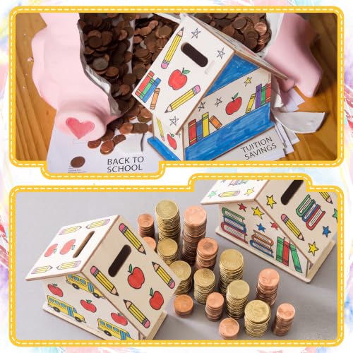 Image of Briwooody 12 Set DIY Unfinished Wooden Houses Bank Unfinished Piggy Bank Set with Coloring Pens Blank Coin Box Crafts for Wood Piggy Banks Craft and Home Activities Fun