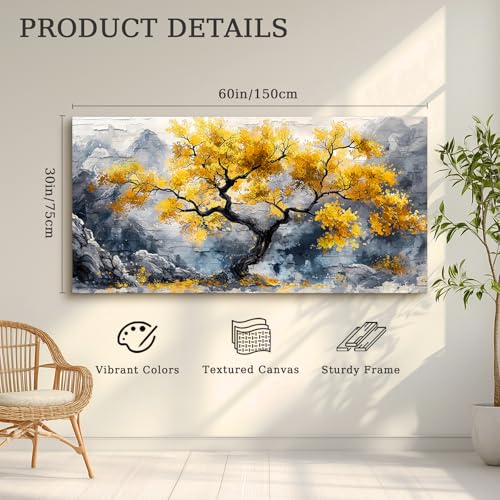 crmotu Gold Tree of Life Wall Art, Mountain Tree Extra Large Artwork, Modern Chinoiserie Landscape Paintings Prints, Neutral Wall Decorations for Living Room Bedroom Office Ready to Hang 30x60inch