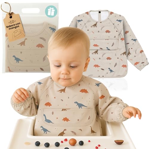 Weakup10 Babero con Mangas Impermeable | 6-36 Meses | Baberos Bebe Impermeables | Fácil de Limpiar | Regalo para Bebe | Bolsillo Delantero | Dinosaurio