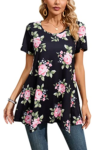 BeadChica Women's Tunic Top For Leggings - Short Sleeve Ruched Blouse With Button Front (Floral-M, Red Stripe)