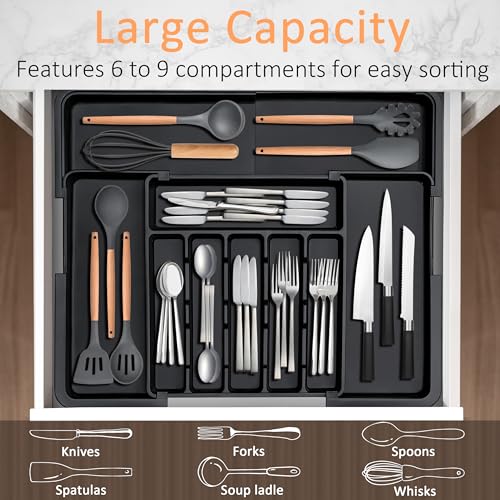 Silverware Organizer Expandable Kitchen Utensil Drawer Organizer Large BPA Free Adjustable Cutlery Silverware Tray for Spoons Forks Knives Storage Divider for Kitchen Flatware 6-9 Slots Black