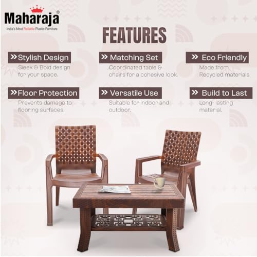 Image of MAHARAJA Luxury Plastic Armchair & Table Set | Heavy-Duty & Sleek Design for Every Space (Teakwood, 2 Chair+1 Table)