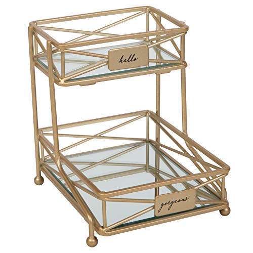 Home Details Satin Gold, Cosmetic Organizer, Bathroom, Jewelry, Perfume Storage, Stylish Decor 2 Tier Sleek Vanity Tower