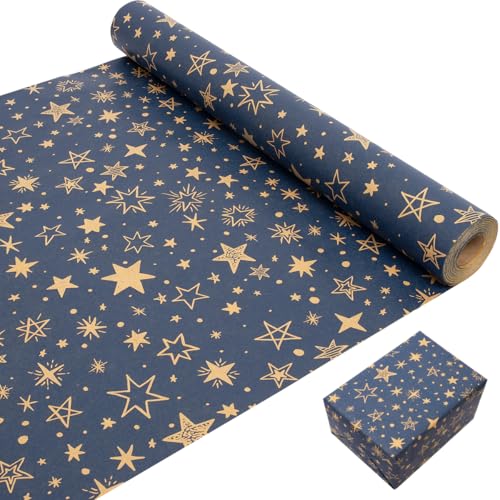 43cm×20M Birthday Gift Wrapping Paper Roll Kraft Wrapping Paper Printed with Stars Recyclable Paper Roll for Christmas Birthday Baby Shower Wedding Gift Wrap