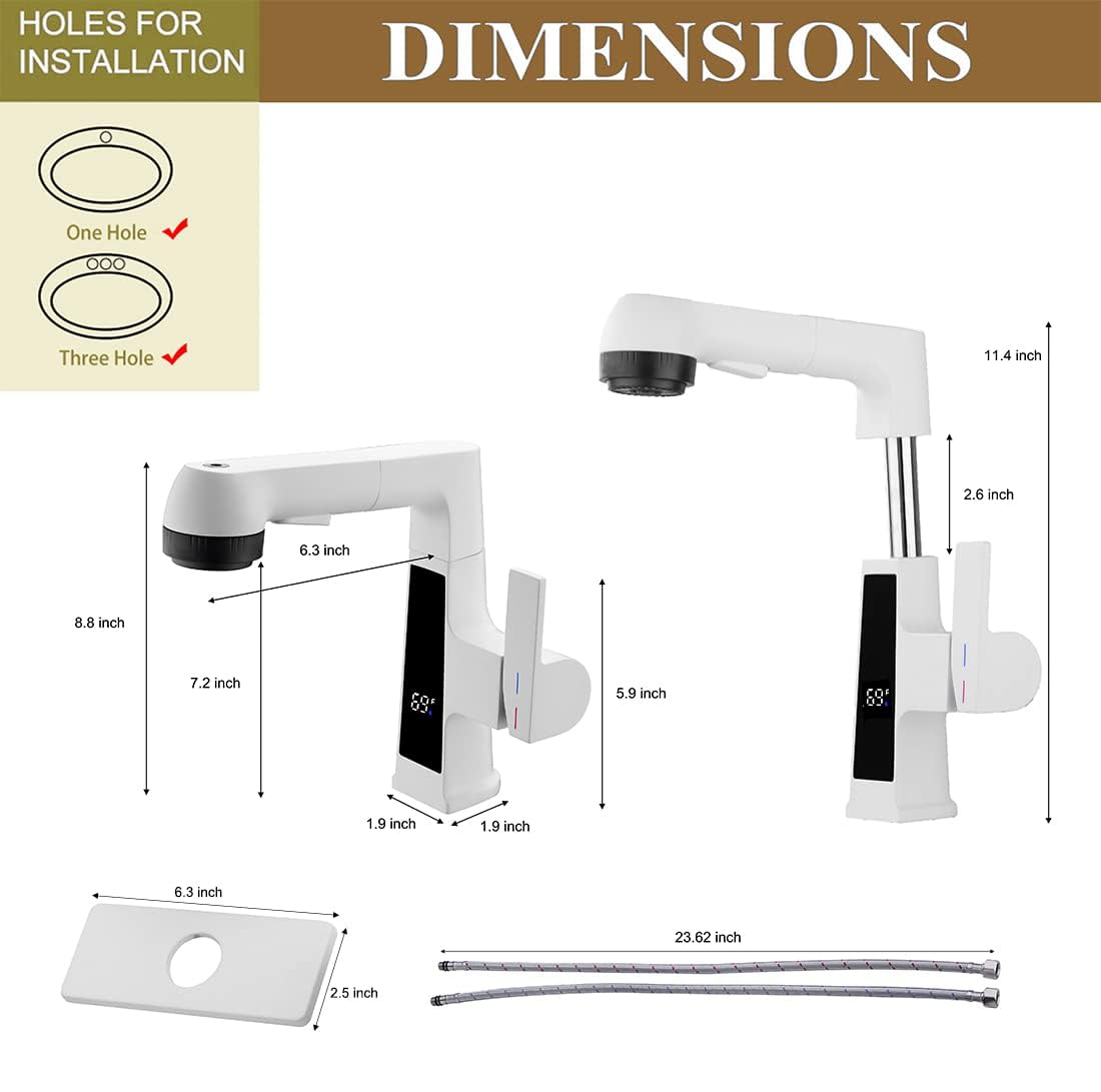 Inteligentna bateria umywalkowa LED z wyciąganym opryskiwaczem, cyfrowy wyświetlacz temperatury LED, bateria umywalkowa, 5 trybów przepływu wody z obrotową wylewką 360°, mosiężny pojedynczy