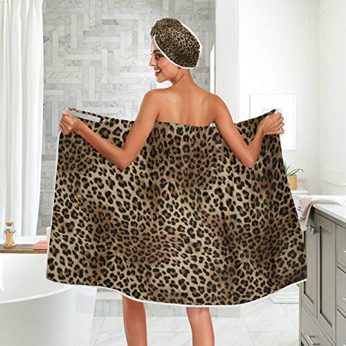 Blueangle Vintage Leopard Print Towel Wrap With Dry Hair Cap & Headband For Women – Women’s Shower & Bath Wrap With Adjustable Closure #TOP4