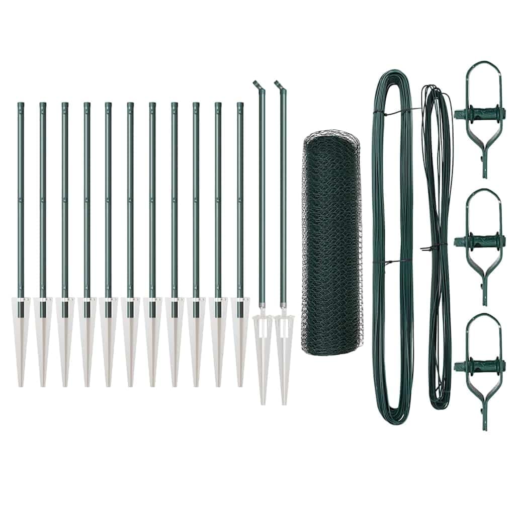 Green Steel PVC Fence Post 25 x 0.6 m 25 mm Mesh Garden Security Barrier Corrosion Resistant Outdoor Enclosure Kit with 13 Spikes for Terrace Yard