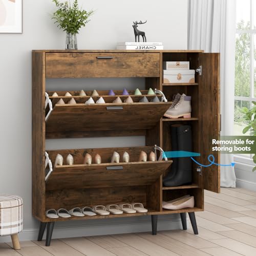 Shoe-Storage-Cabinets-16-Pairs-Free-Standing-Shoe-Organizer-with-2-Flip-Drawers-for-Entryway-Narrow-3-Tier-Entryway-Hidden-Shoe-Rack-with-Doors-Upgraded-Rustic Shoe Storage Cabinets 16 Pairs Free Standing Shoe Organizer with 2 Flip Drawers for Entryway Narrow 3 Tier Entryway Hidden Shoe Rack with Doors Upgraded Rustic