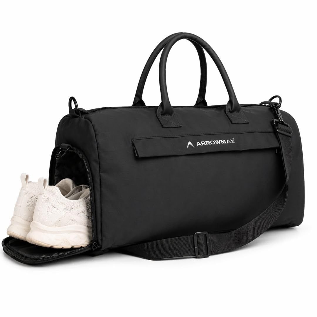 Gym Duffle Bag with Shoe Compartment for Men & Women | Water-Resistant Sports Travel Duffel | Separate Ventilated Multiple Pockets (Black)-image-45