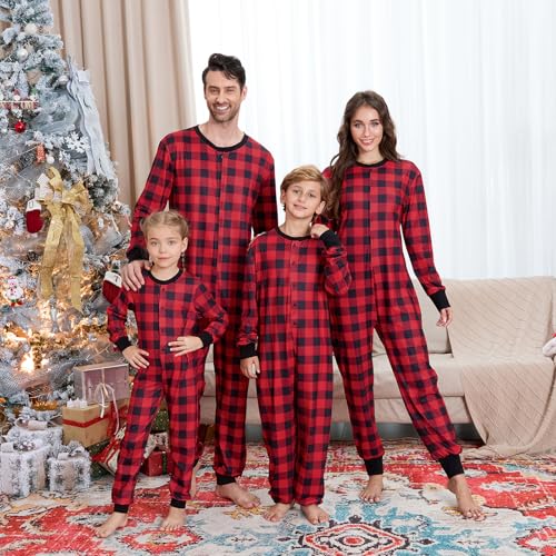 Family Onesie Pajamas Matching Sets- Adult&Kids Zip Up Long Sleeve Red Plaid One Piece Pajamas | Matching Christmas2