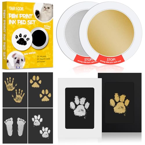 Pfotenabdruck Set Hund Katze, 2 Pcs Farbe Fussabdruck Baby Set mit 2 Fotorahmen 4 Karten, Hundepfoten Abdruck Machen, ohne Kontakt zur Farbe, Katze Geschenk für Hundebesitzer (Gold & Silber)