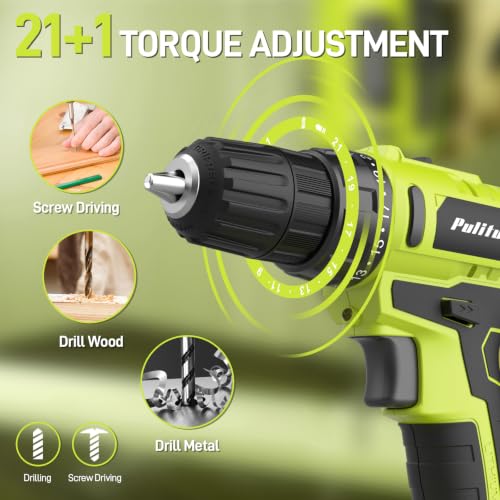 Image of PULITUO 20V Cordless Drill Set, 2 Batteries Electric Screwdriver, 30Nm Power Drill Driver, 21+1 Torque, 2 Speed, 3 /8 inchKeyless Chuck, power Drill with LED Light, Drill Driver Kit for Home (Green)