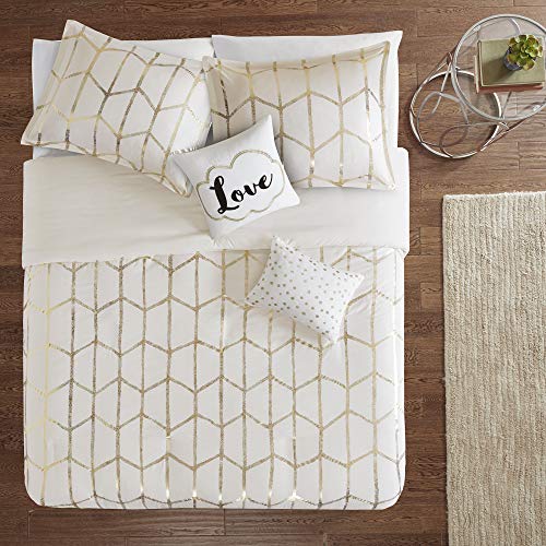 Intelligent Design Raina Duvet Set Metallic Print Geometric Style Embroidered Toss Pillows Modern Trendy All Season Comforter Cover Bedding-Set With Matching Sham, Full/Queen, Ivory/Gold 5 Piece #TOP1