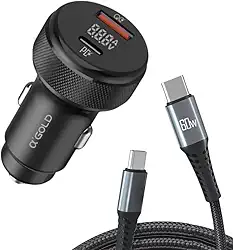 Carregador Veicular Turbo 60W – 2 USB-C Power Delivery + USB-A Quick Charge com Cabo Incluso para iOS e Android