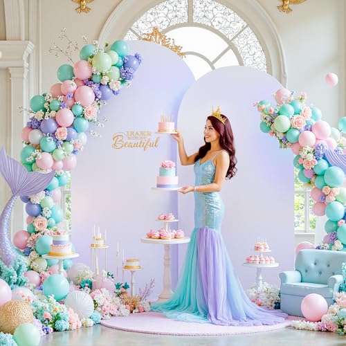 Image of 7.2FT 6FT Arch Backdrop Cover for Party, Set of 2 Stretchy Spandex Fitted Arch Stand Cover for Baby Shower, Birthday Wedding Decor, Chiara Backdrop Cover with Double-Sided Design(Silver, White)