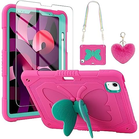 WESADN for iPad Air 5th Generation Case iPad Pro 11 Inch Case 4th/3rd/2nd/1st with Screen Protector/Butterfly Kickstand/Strap/Keychain/Pencil Holder for Kids Girls Case for iPad Air 4 Rose Red Cover