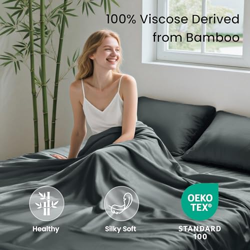 Image of Love's cabin 4 Piece Full Size Sheet Set, 100% Rayon Derived from Bamboo, Cooling & Breathable, Soft Silky Deep Pocket up to 16 inch, Hotel Luxury Bedding for Hot Sleepers, Dark Grey