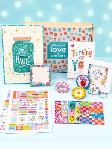 Image of Doodle Happy Vibes Birthday Gift Hamper for Girls | 14 Cute & Useful Gifts Including Notebook, Stickers, Magnets, Photo Frame, Keychain, Notecards & Greeting Card | Ready-to-Gift Box for Teens, Best Friends & Sisters