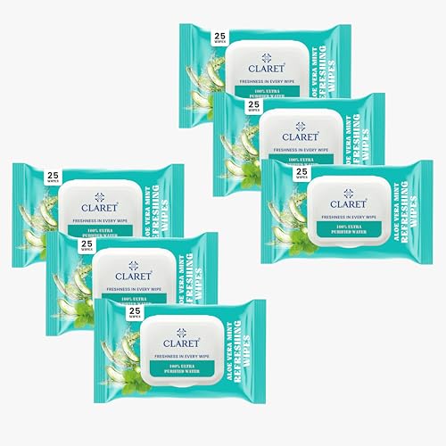 Image of Claret Refreshing Wet Wipes With Aloe Vera & Mint For Face & Body | 25 Pulls | 100% Ultra Purified Water | pH Balanced & Alcohol-Free (Pack of 6)