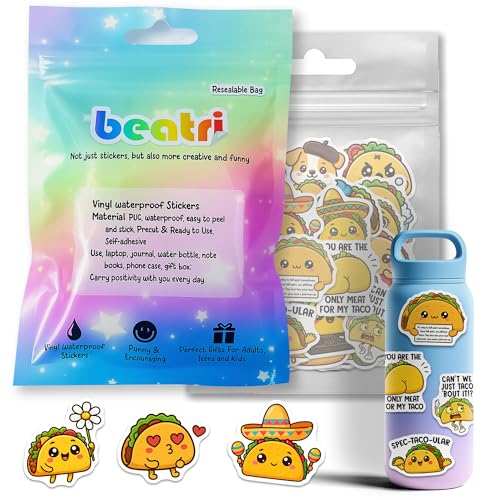 BEATRI Cute Taco Stickers Waterproof Vinyl 50Pcs Self Affirmation Positive Taco Decor & Party Favors for Laptop, Water Bottle, Skateboard & Travel Gear | Non-Repeating Decals, High-Definition Print