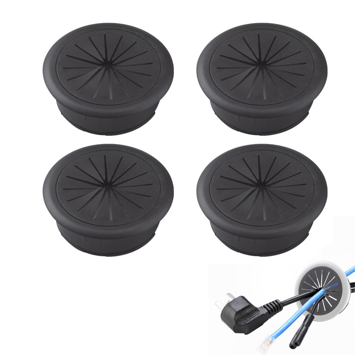 Helonge Desk Grommet, 4 Pcs 2 Inches Cable Wire Cord Management for PC Computer Table, Plastic Surface Port Hole Covers (Black)