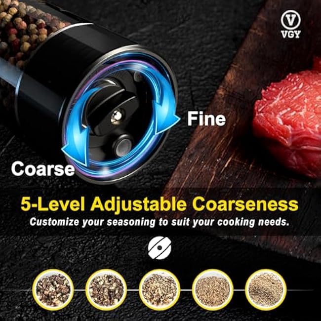 VGY Electric Salt and Pepper Grinder Set, 2 Pack Automatic Black Pepper Shakers with Dust Caps, Rechargeable Pepper Mills with LED Light, 5 Adjustable Coarseness Levels, 95ml-Washable Container