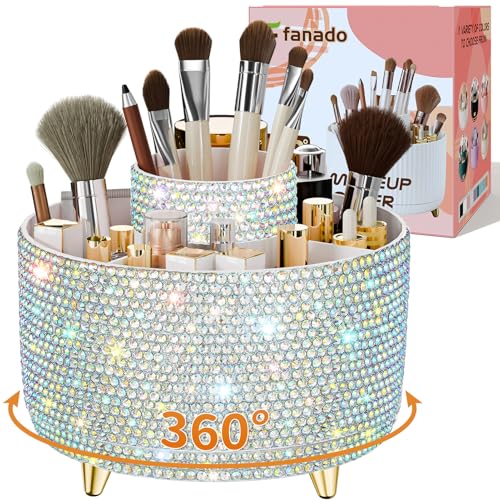 Image of fanado Bling 360 Rotate Makeup Brush Holder Organizer, Makeup Organizers Countertop, Makeup organization and Skincare Storage for Vanity, Gift for Women Girls (Bling dz-White AB)