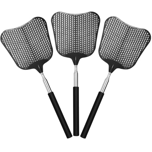 Telescopic Fly Swatter Hiway 3 Pack Fly Swatter for Indoors Plastic Flyswatter Heavy Duty with Stainless Steel Telescopic Handle