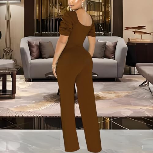 Image of PaladMom Womens Elegant Plus Size Jumpsuits Sexy Back zipper Short Sleeve Mid Waist Wide Leg Straight Rompers