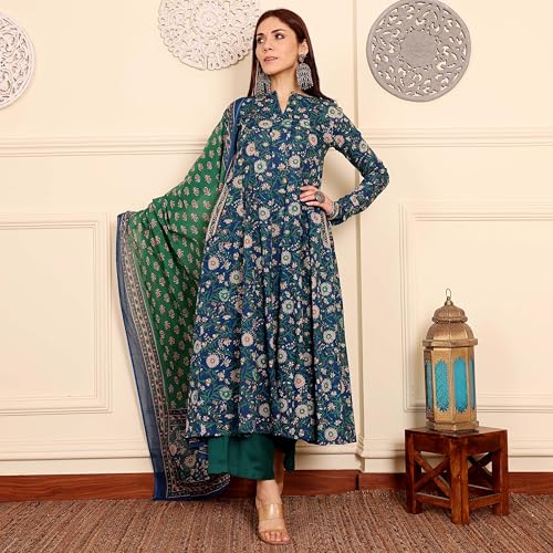 Image of ANNI Designer | Rayon Anarkali Printed Kurta with Pant & Dupatta | Women's Kurta Set with Dupatta Ethnic Suit | Cotton Anarkali Style Kurti Set