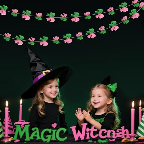 Image of 6PCS Pink and Green Party Decorations 3D Green Pink Conquette Bow Garland Witch Party Decorations Double Layer Bow Banner Streamers for Girls Witch Kids Wizard Birthday Baby Shower Decor Supplies