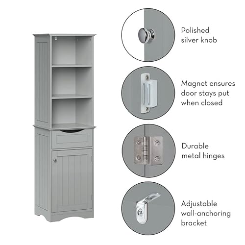 Riverridge, Gray Ashland Bathroom Freestanding Storage Cabinet With Three Open Shelves And Drawer, Size #TOP4