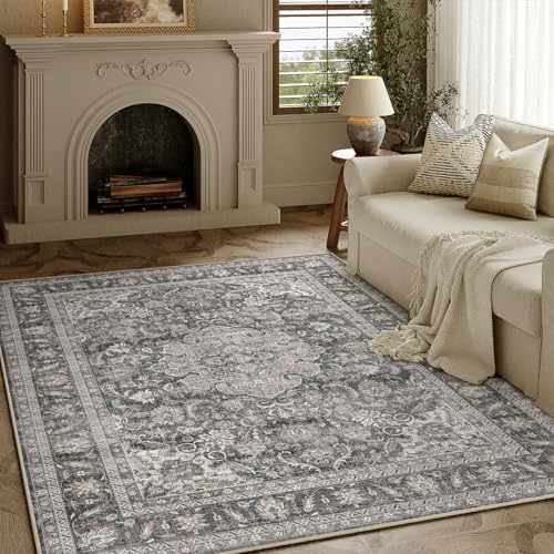 3x5 Washable Black Grey Vintage Area Rug for Entryway Non-Slip Low Pile Carpet Traditional Retro Distressed Accent Vacuumable Door Mat Small Throw Rug for Entrance Bathroom