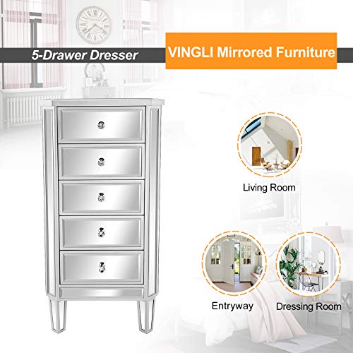 Vingli Mirrored Dresser 5 Drawers Modern Chest For Bedroom, Dressing Room, Living Room #TOP1