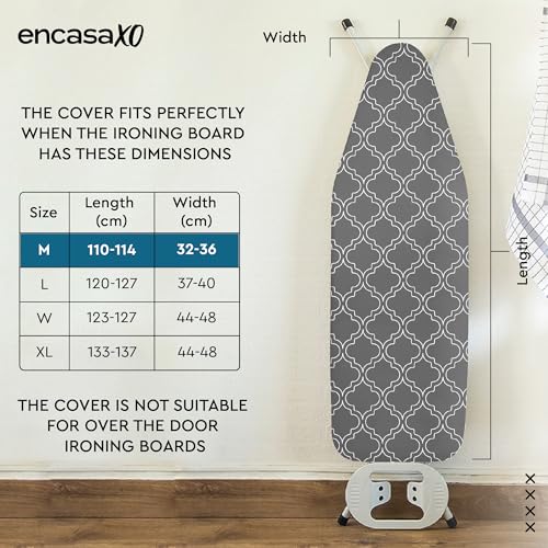 Image of Encasa XO Homes Ironing Board Cover With 3Mm Thick Felt Pad For Steam Press (Fits Standard Medium Boards Of 112X34 Cm) Heat Reflective, Scorch & Stain Resistant, Printed - Grey Tiles